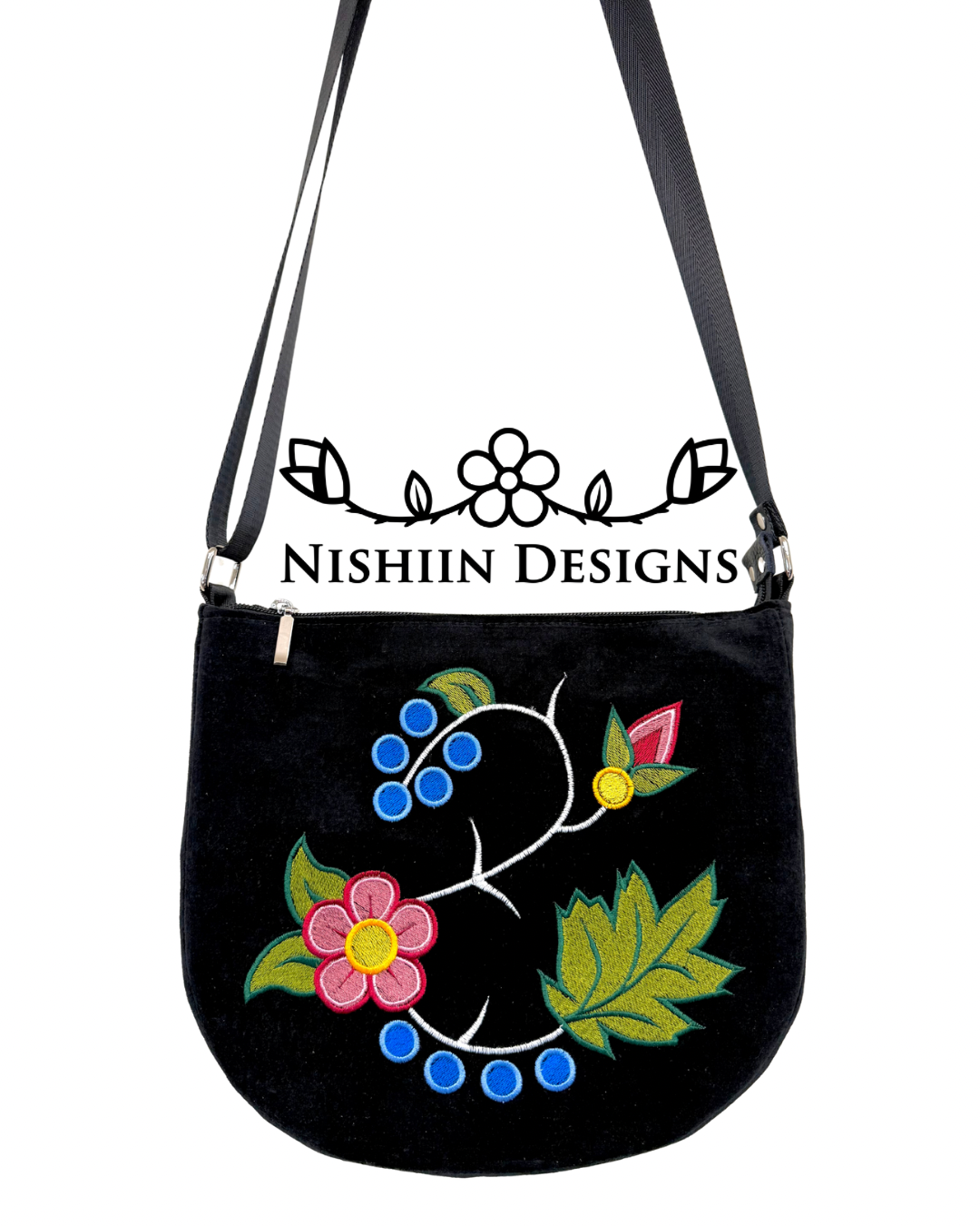 Black Velveteen Nishiin Designs Cross Body Purse -Rounded Bottom Silver Hardware